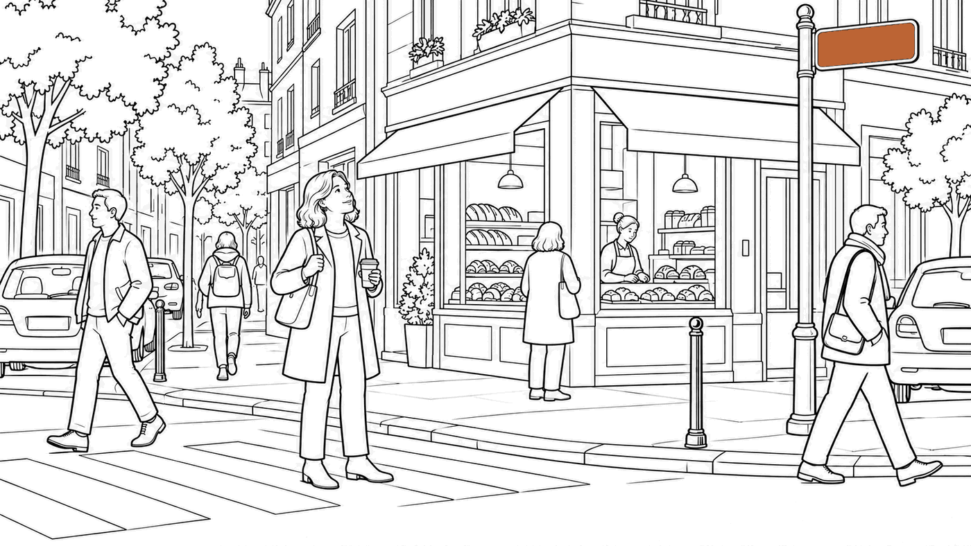 Next Monday: she stops at the corner and looks up at the sign.