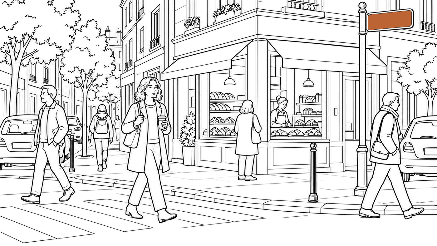 A street corner in the morning; a small sign on a post at the corner is the only thing in color. She walks past it with her coffee.