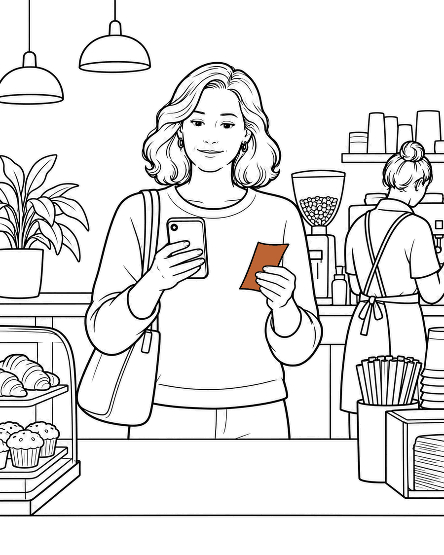 She waits at a café counter, looking at her phone.