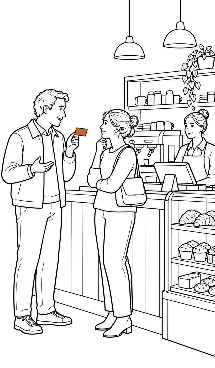 Behind her, two strangers talk; one holds up a card.