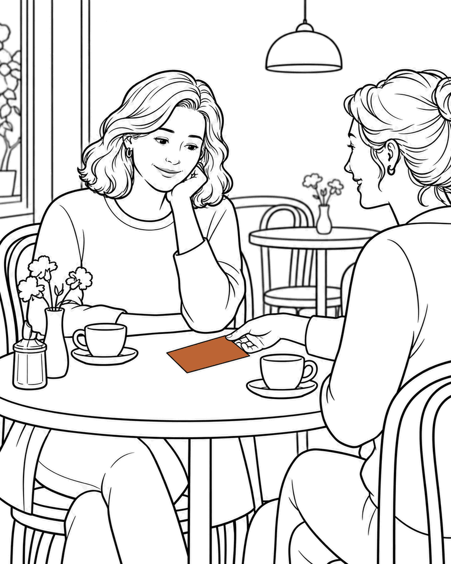 At a café table a friend slides a postcard across to her.