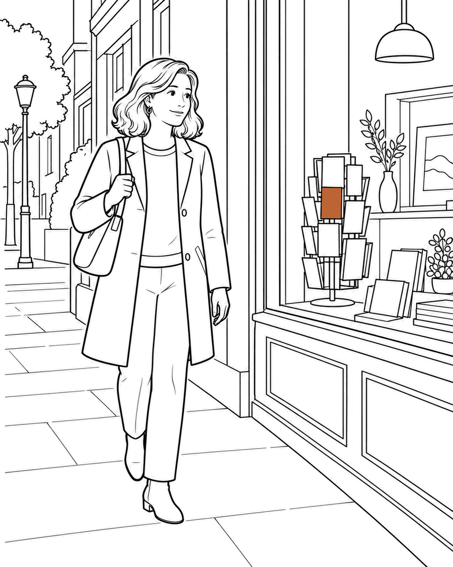 She walks past a shop window where the same postcard stands on a rack.