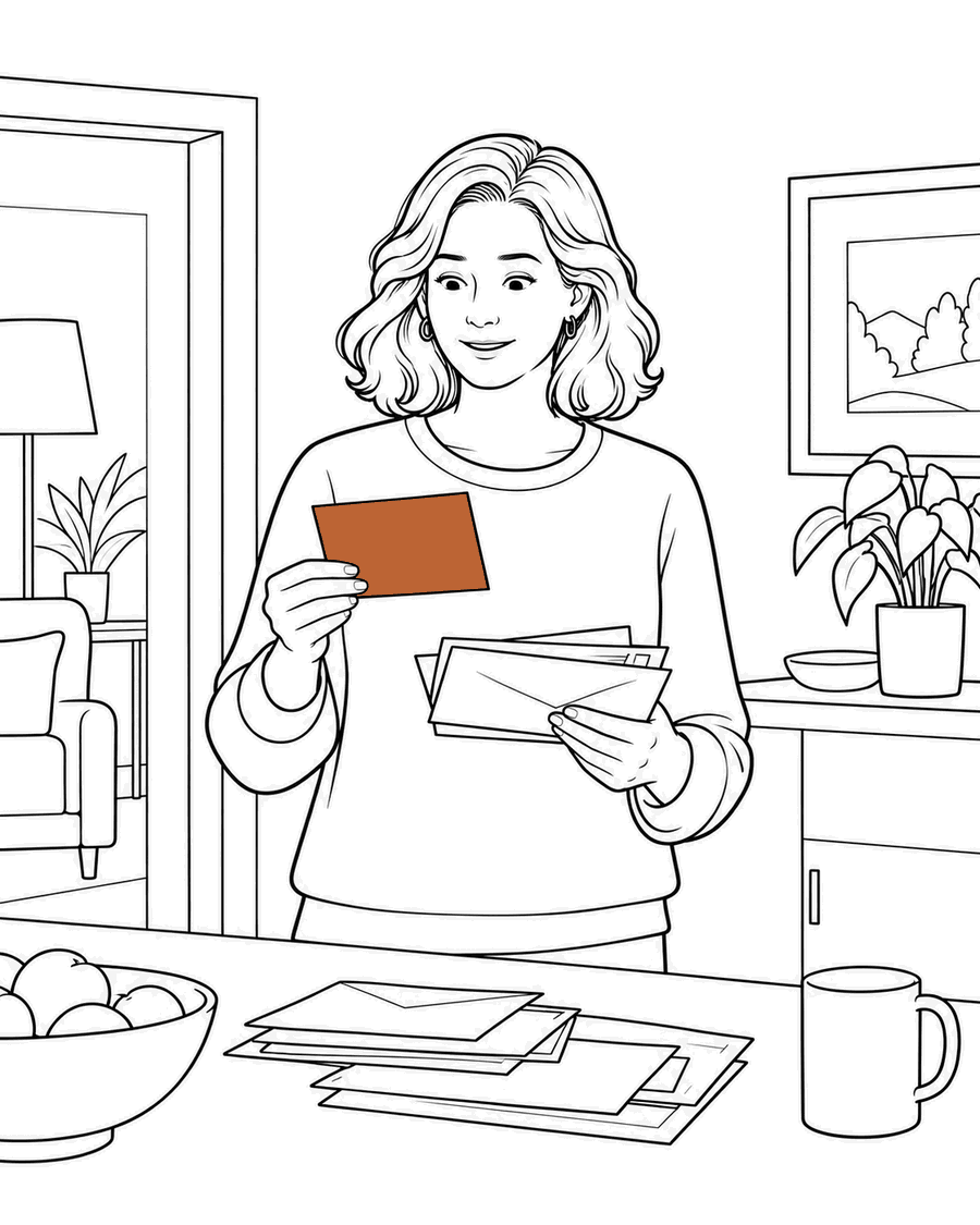 At home she holds the same postcard from her mail, surprised.