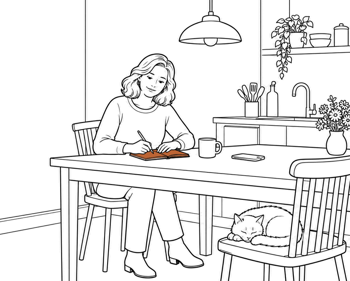Late at night at the kitchen table, she writes one line in a small notebook; the cat sleeps on the next chair.