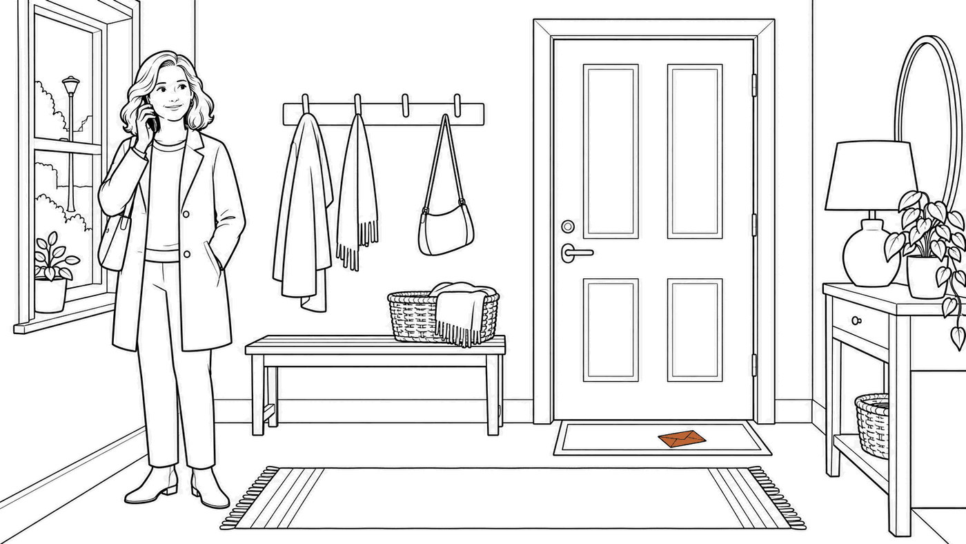 She stands in the hallway on the phone. Behind her, on the doormat, an envelope she hasn't seen.